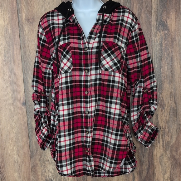 No Boundaries Red and Black Plaid Hoodie Flannel Shirt XL                   P135 - Picture 1 of 8